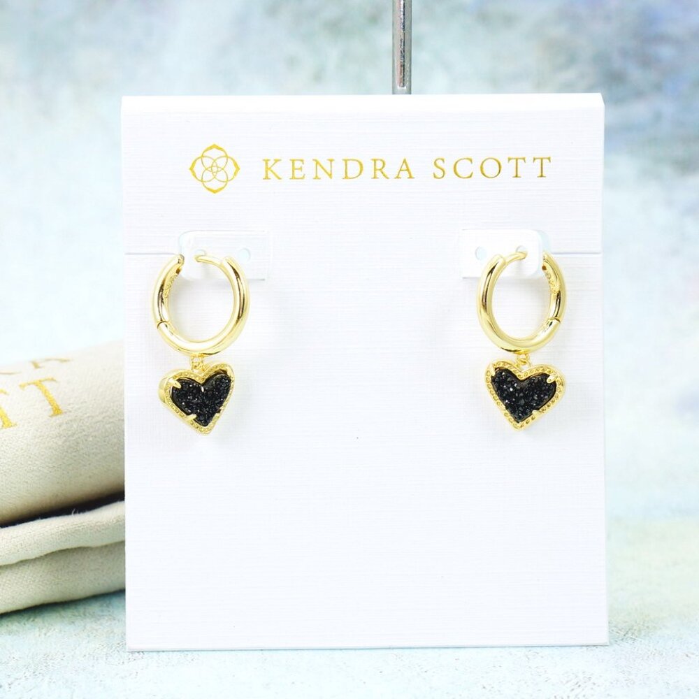 Kendra Scott Ari Heart Huggie Black Drusy Earrings Gold Plated